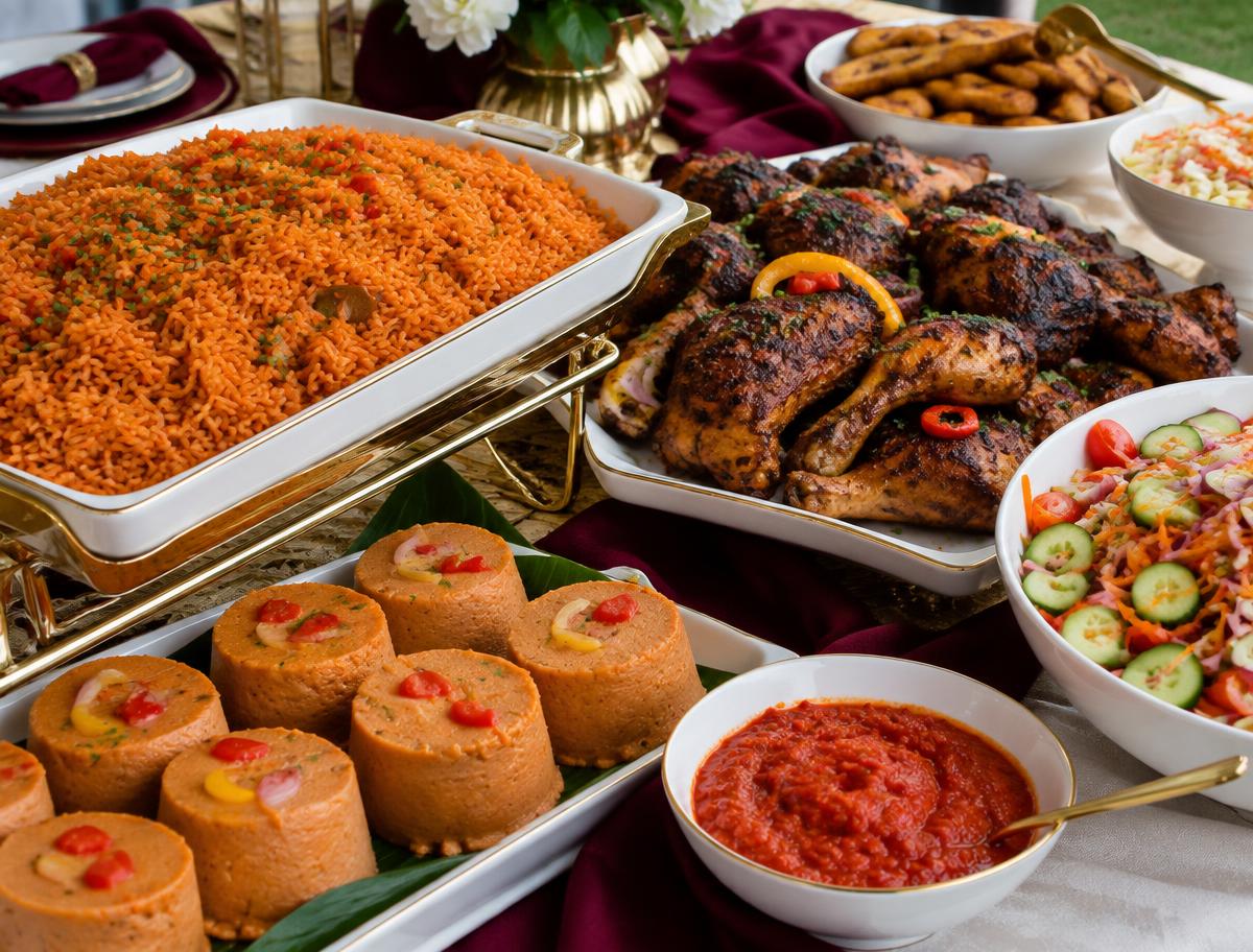 A Nigerian catering spread with jollof rice and grilled chicken