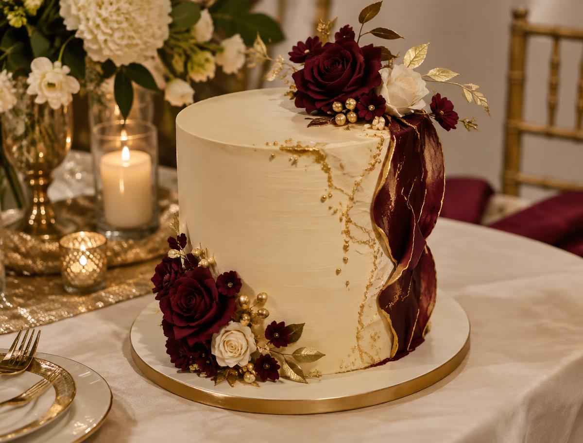 An elegant ivory, wine and gold celebration cake